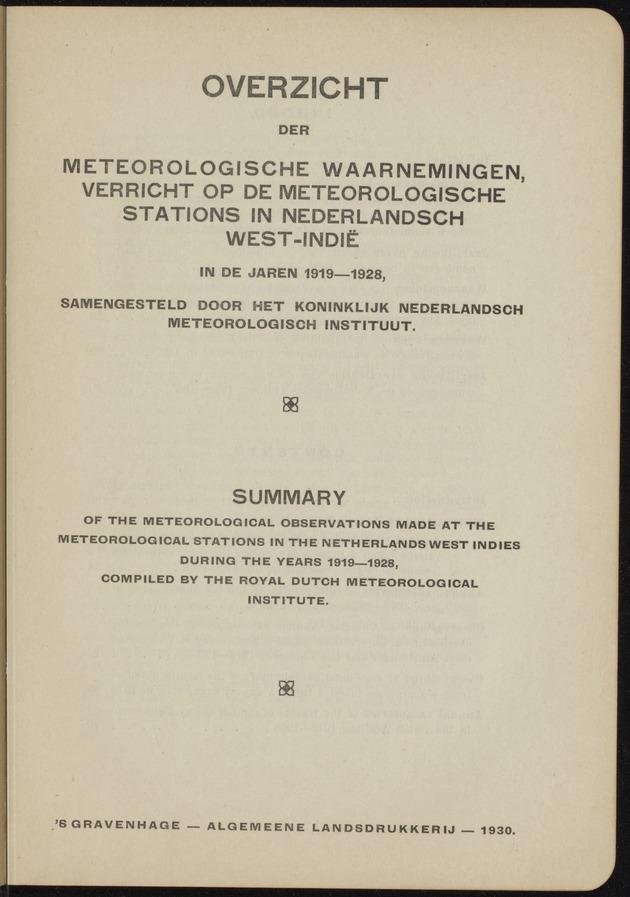 Overzicht der meteorologische waarnemingen verricht op de meteorologische stations in Nederlandsch West-Indië = Summary of the meteorological observations made at the meteorological stations in the Netherlands West Indies / Royal Dutch Meteorological Institute - 
