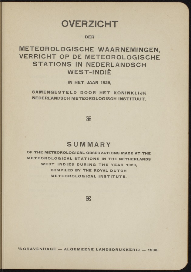 Overzicht der meteorologische waarnemingen verricht op de meteorologische stations in Nederlandsch West-Indië = Summary of the meteorological observations made at the meteorological stations in the Netherlands West Indies / Royal Dutch Meteorological Institute - 