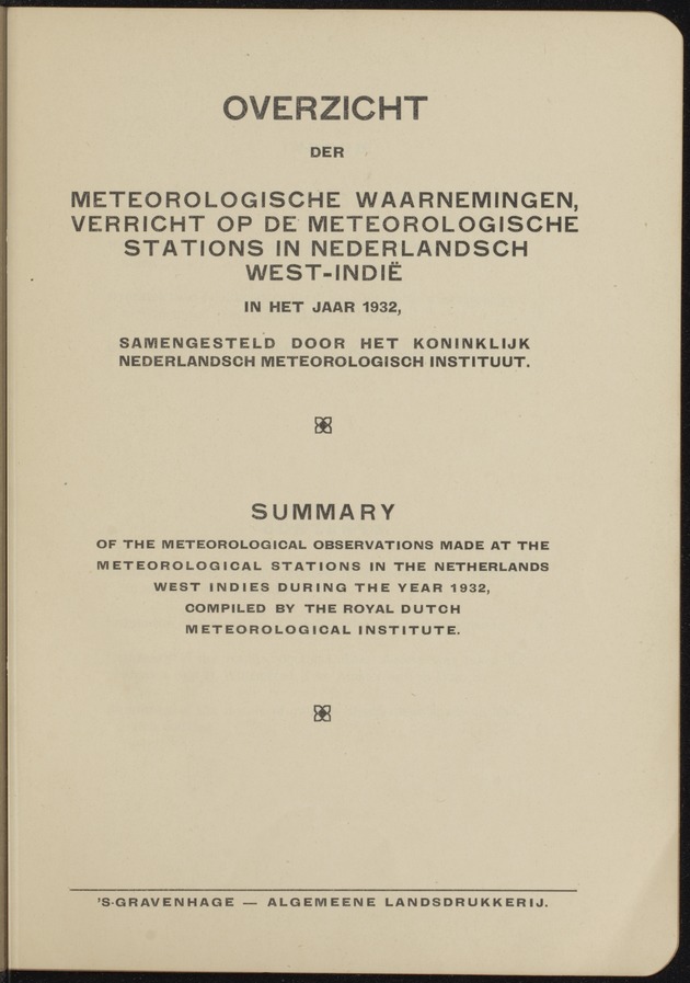 Overzicht der meteorologische waarnemingen verricht op de meteorologische stations in Nederlandsch West-Indië = Summary of the meteorological observations made at the meteorological stations in the Netherlands West Indies / Royal Dutch Meteorological Institute - 