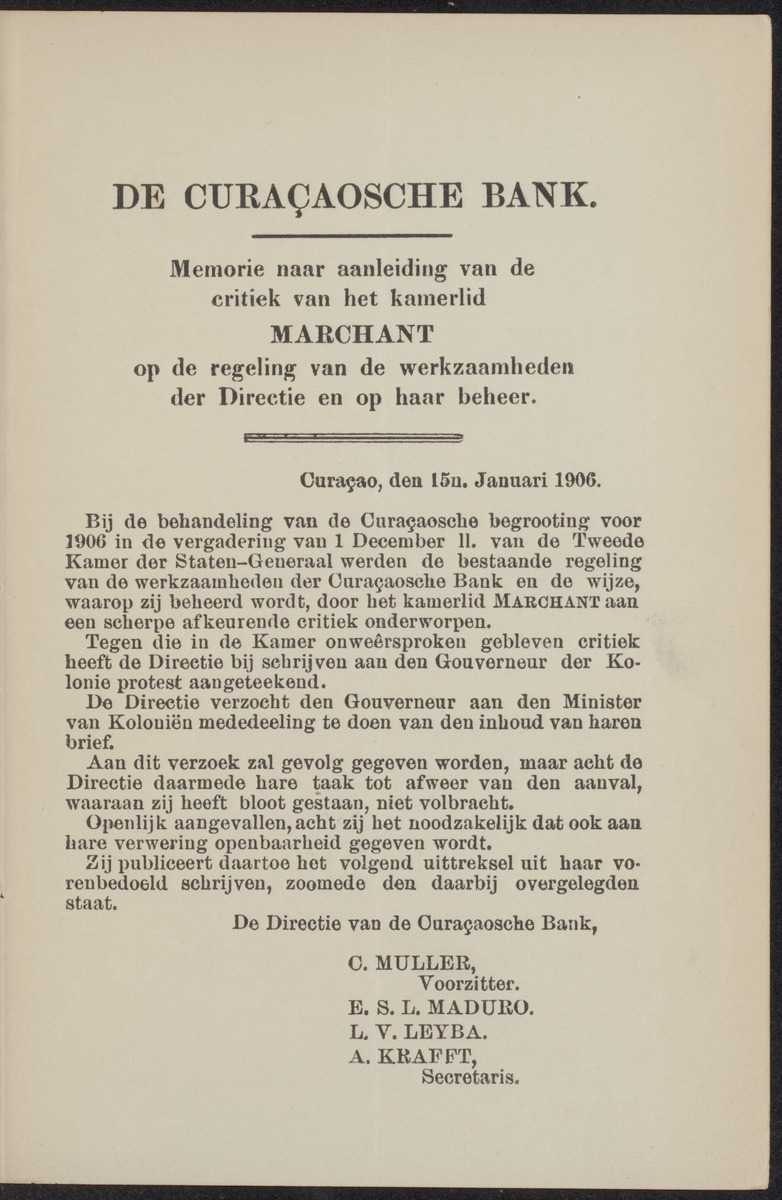 Memoire naar aanleiding van de critiek van het kamerlid Marchant op de regeling van de werkzaamheden der Directie van de Curaçaosche Bank en op haar beheer - 