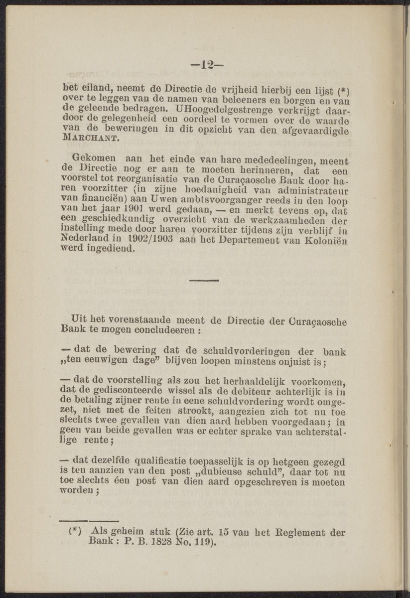 Memoire naar aanleiding van de critiek van het kamerlid Marchant op de regeling van de werkzaamheden der Directie van de Curaçaosche Bank en op haar beheer - 