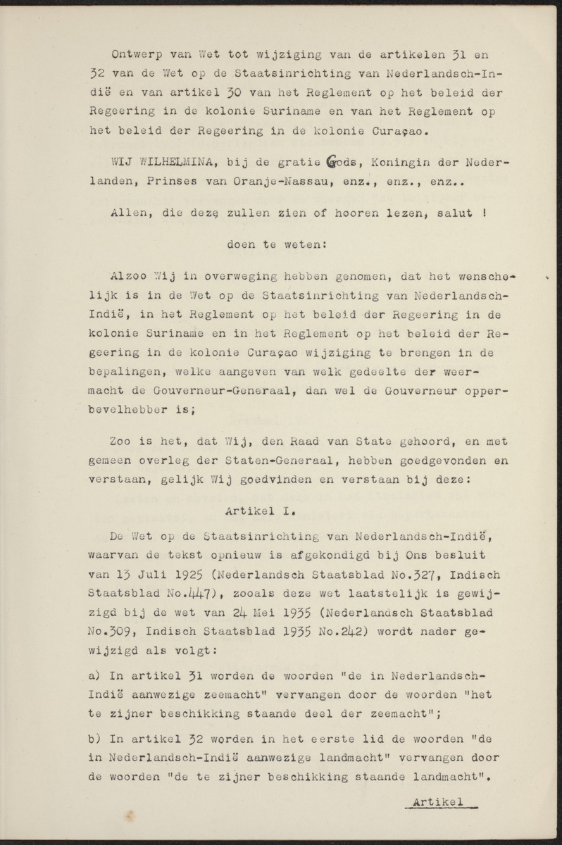 Ontwerp van wet, houdende wijziging van de Indische staatsregeling en van de regeeringsreglementen voor de kolonie Suriname en voor de kolonie Curaçao, met memorie van toelichting - 