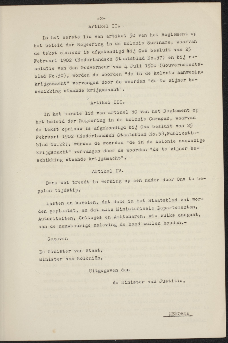Ontwerp van wet, houdende wijziging van de Indische staatsregeling en van de regeeringsreglementen voor de kolonie Suriname en voor de kolonie Curaçao, met memorie van toelichting - 
