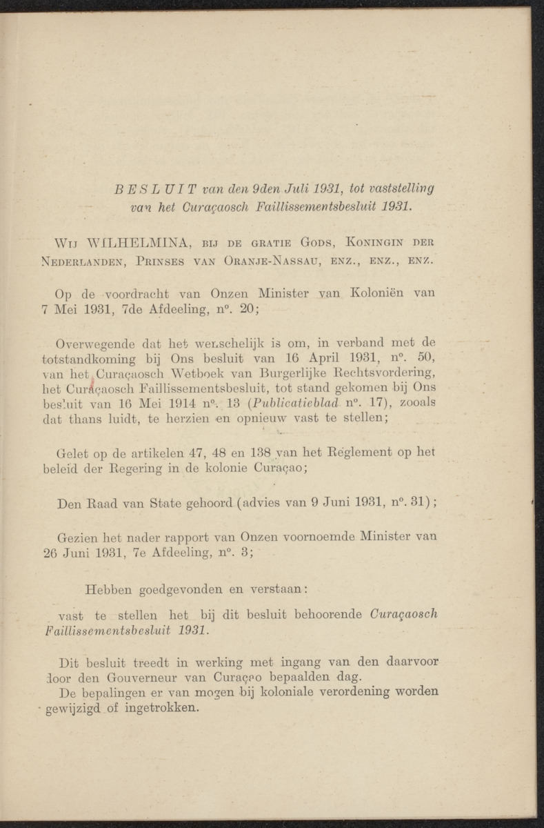 Vaststelling van het Curaçaosch Faillissementsbesluit 1931 - 