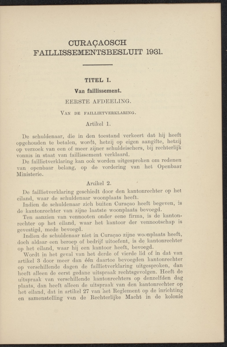 Vaststelling van het Curaçaosch Faillissementsbesluit 1931 - 