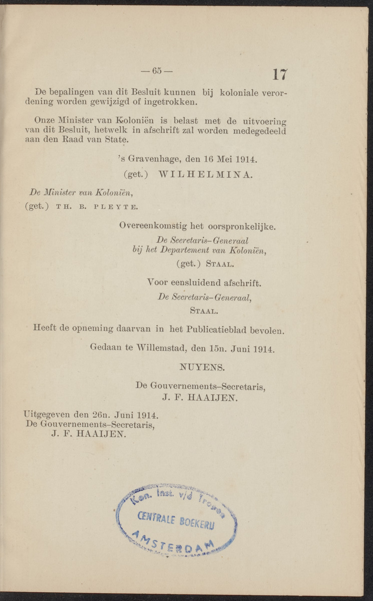 [Publicatie, waarbij afgekondigd wordt het Koninklijk besluit van den 16n. Mei 1914, no. 13, tot vaststelling van eene regeling van het faillissement en de surséance van betaling voor de kolonie Curaçao] - 