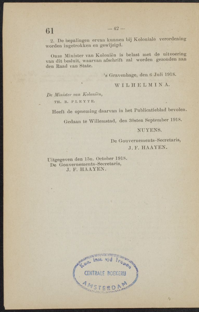 [Publicatie van den 30sten September 1918, waarbij wordt afgekondigd het Koninklijk besluit van 6 Juli 1918, no. 72, houdende wijziging van de rechterlijke macht en van de rechtspleging in burgerlijke en strafzaken in de kolonie Curaçao] - 