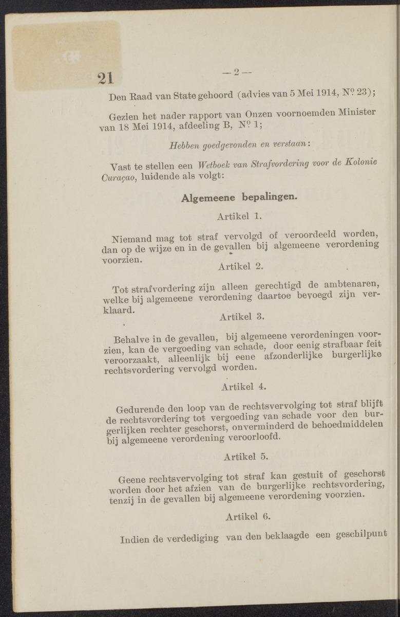 [Publicatie, waarbij afgekondigd wordt het Koninklijk besluit van den 22n. Mei 1914, no. 83, tot vaststelling van een Wetboek van Strafvordering voor de kolonie Curaçao] - 