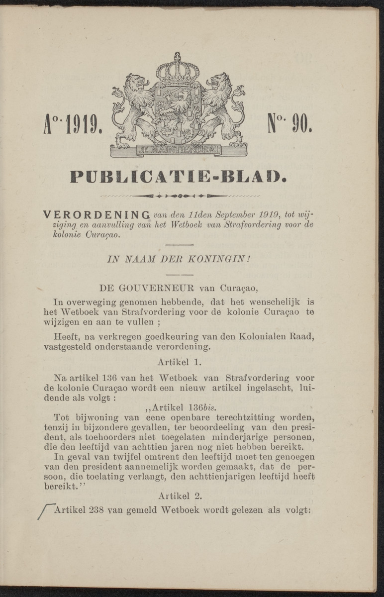 [Publicatie, waarbij afgekondigd wordt het Koninklijk besluit van den 22n. Mei 1914, no. 83, tot vaststelling van een Wetboek van Strafvordering voor de kolonie Curaçao] - 