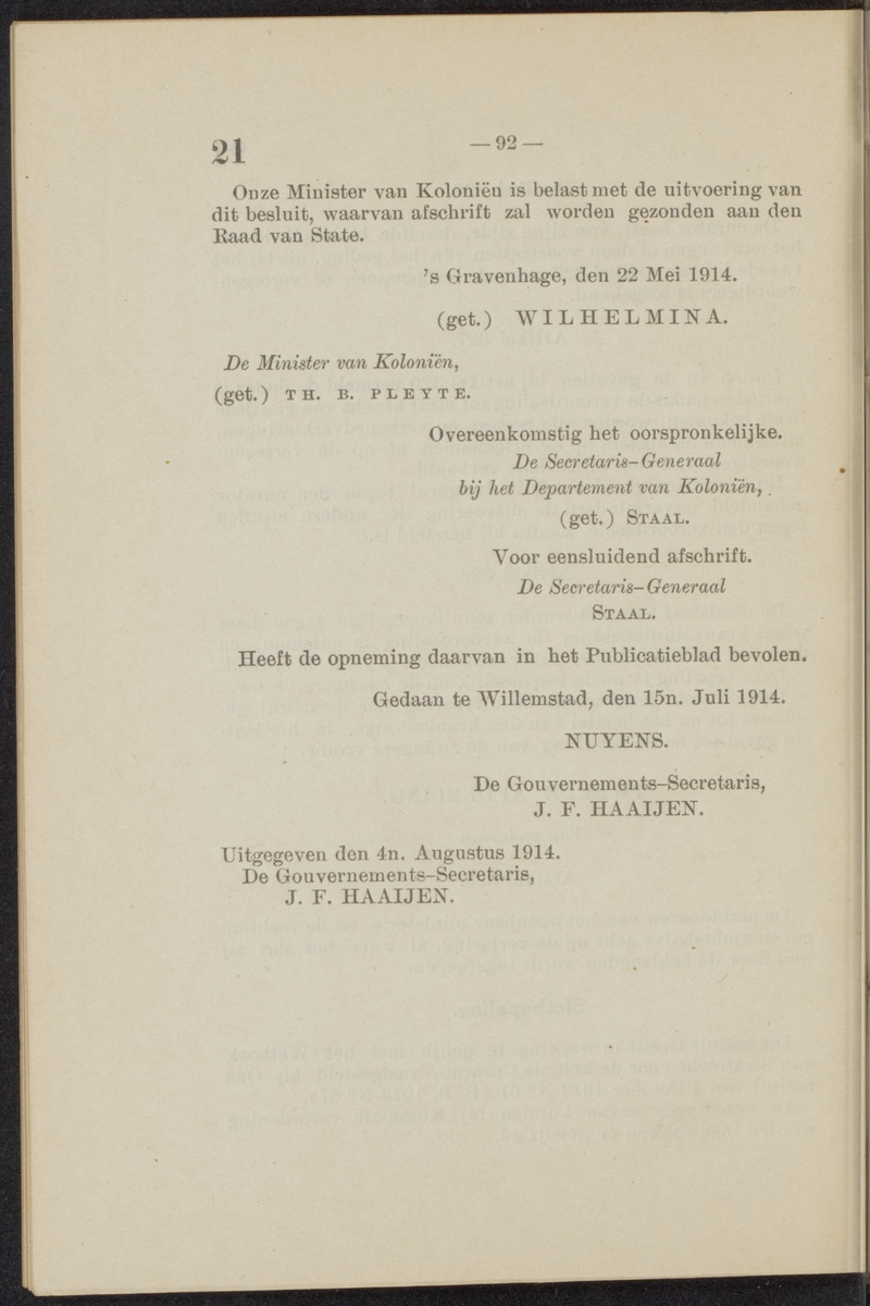 [Publicatie, waarbij afgekondigd wordt het Koninklijk besluit van den 22n. Mei 1914, no. 83, tot vaststelling van een Wetboek van Strafvordering voor de kolonie Curaçao] - 