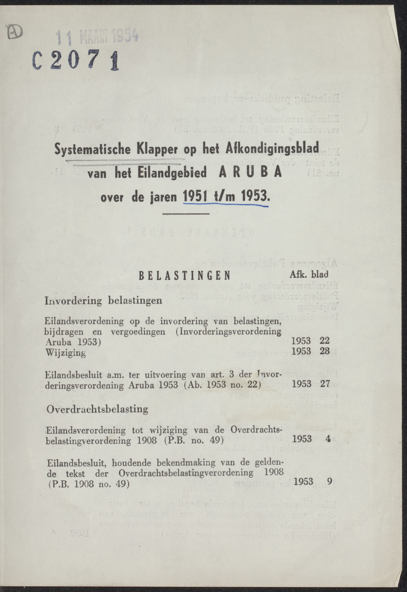 Afkondigingsblad Aruba [systematische klapper 1951 t/m 1953] - 