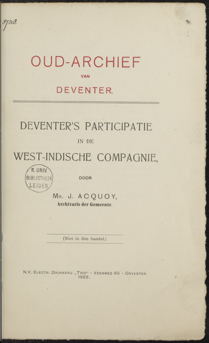Deventer's participatie in de West-Indische Compagnie - 