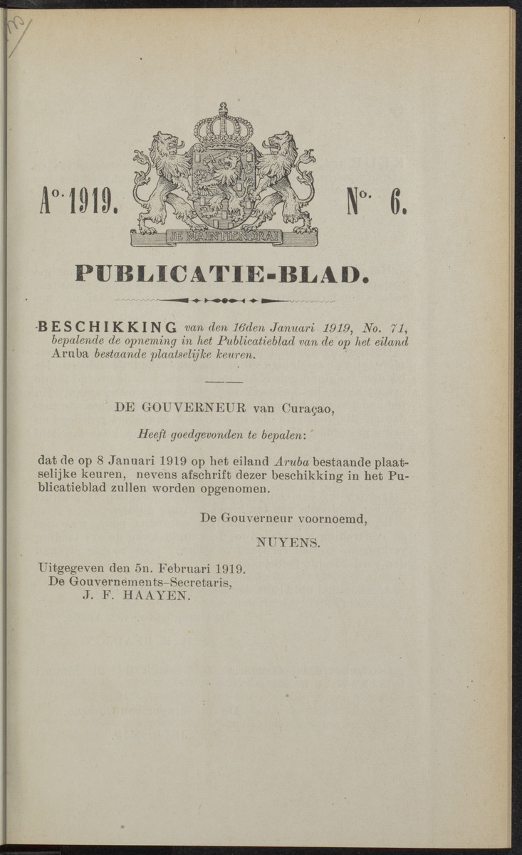 Publicatieblad van Curaçao en onderhoorigheden, behelzende de publicatien, notificatien, reglementen ... voor die bezittingen uitgevaardigd in de jaren .. - 