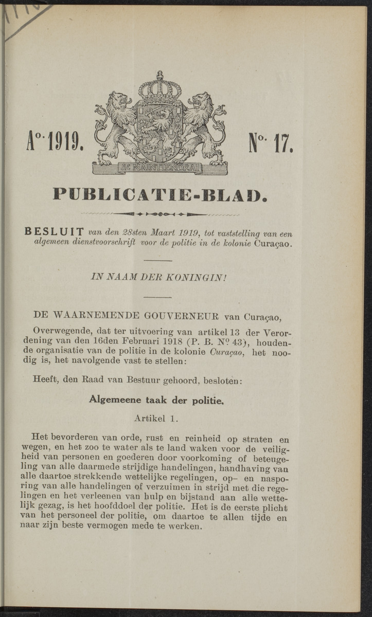 Publicatieblad van Curaçao en onderhoorigheden, behelzende de publicatien, notificatien, reglementen ... voor die bezittingen uitgevaardigd in de jaren .. - 