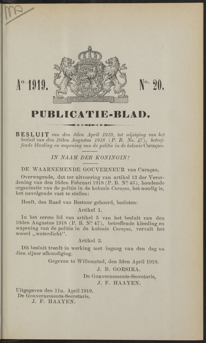 Publicatieblad van Curaçao en onderhoorigheden, behelzende de publicatien, notificatien, reglementen ... voor die bezittingen uitgevaardigd in de jaren .. - 