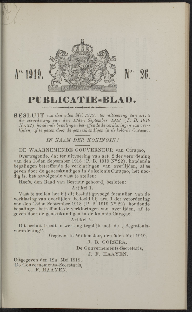 Publicatieblad van Curaçao en onderhoorigheden, behelzende de publicatien, notificatien, reglementen ... voor die bezittingen uitgevaardigd in de jaren .. - 