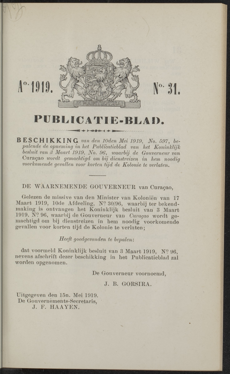 Publicatieblad van Curaçao en onderhoorigheden, behelzende de publicatien, notificatien, reglementen ... voor die bezittingen uitgevaardigd in de jaren .. - 