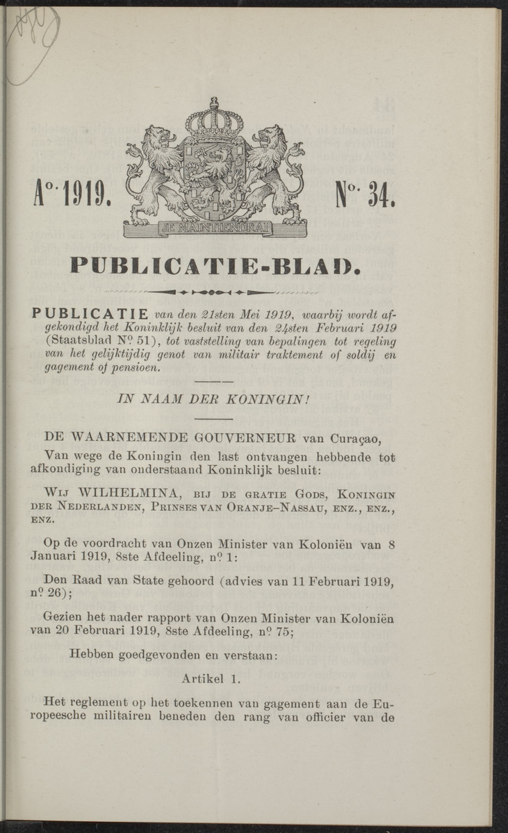 Publicatieblad van Curaçao en onderhoorigheden, behelzende de publicatien, notificatien, reglementen ... voor die bezittingen uitgevaardigd in de jaren .. - 