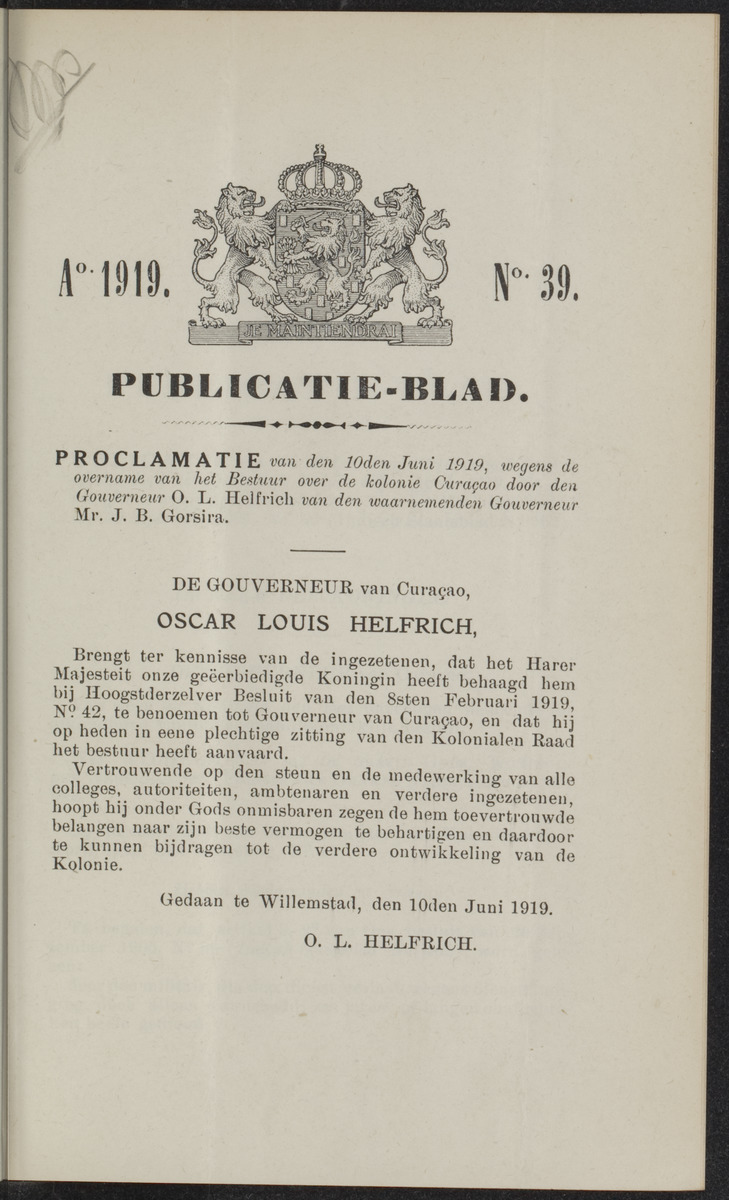 Publicatieblad van Curaçao en onderhoorigheden, behelzende de publicatien, notificatien, reglementen ... voor die bezittingen uitgevaardigd in de jaren .. - 