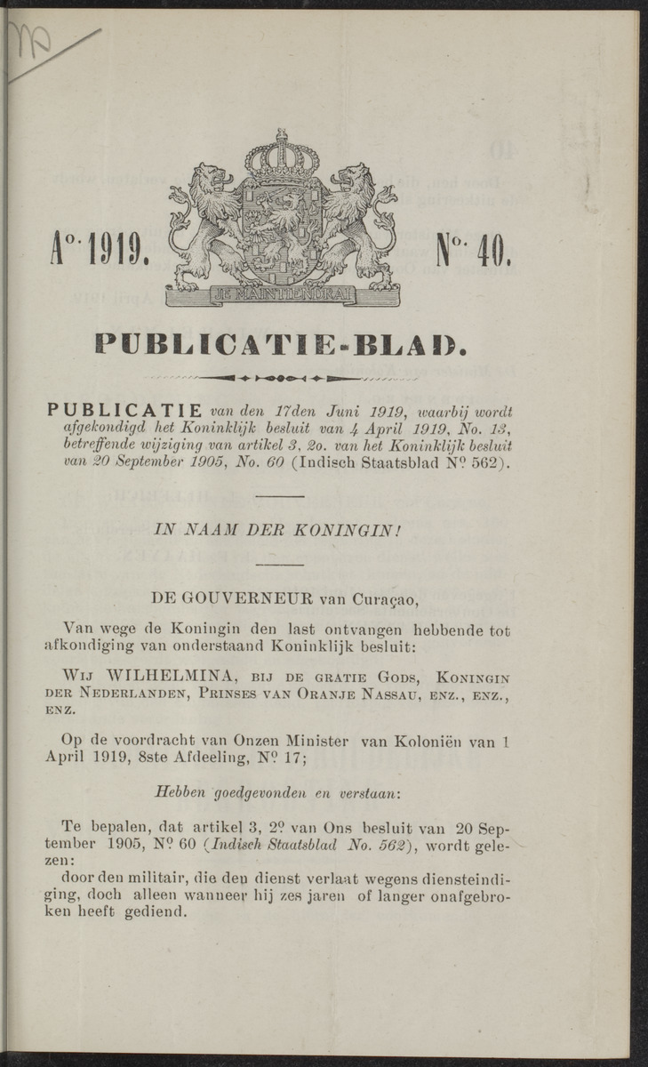 Publicatieblad van Curaçao en onderhoorigheden, behelzende de publicatien, notificatien, reglementen ... voor die bezittingen uitgevaardigd in de jaren .. - 