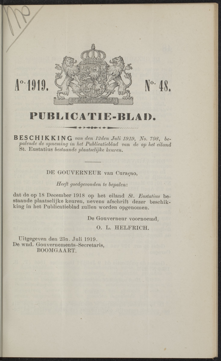 Publicatieblad van Curaçao en onderhoorigheden, behelzende de publicatien, notificatien, reglementen ... voor die bezittingen uitgevaardigd in de jaren .. - 