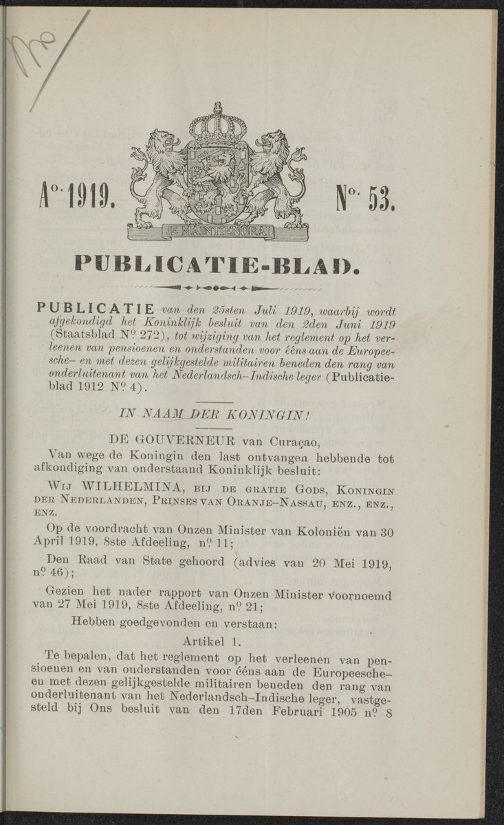 Publicatieblad van Curaçao en onderhoorigheden, behelzende de publicatien, notificatien, reglementen ... voor die bezittingen uitgevaardigd in de jaren .. - 