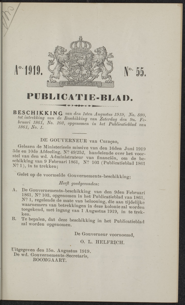 Publicatieblad van Curaçao en onderhoorigheden, behelzende de publicatien, notificatien, reglementen ... voor die bezittingen uitgevaardigd in de jaren .. - 