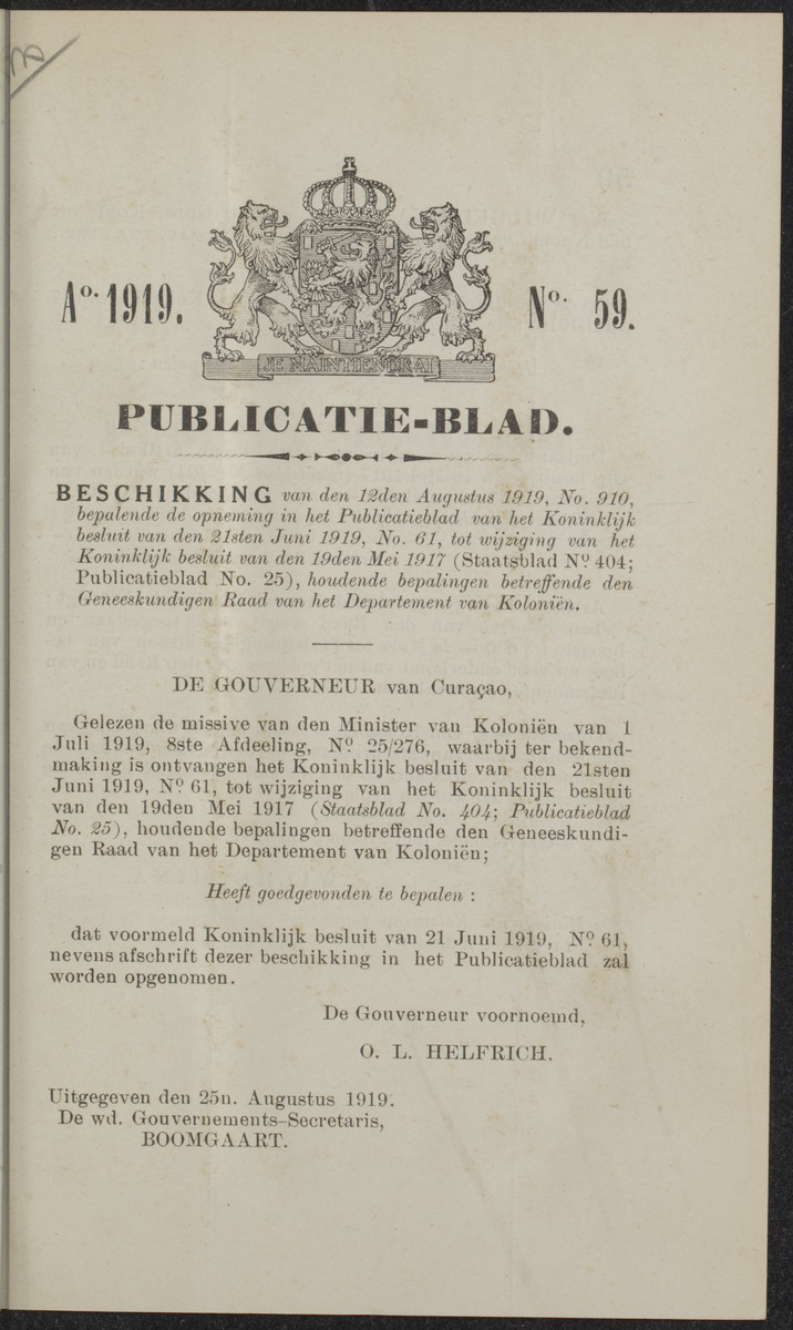Publicatieblad van Curaçao en onderhoorigheden, behelzende de publicatien, notificatien, reglementen ... voor die bezittingen uitgevaardigd in de jaren .. - 