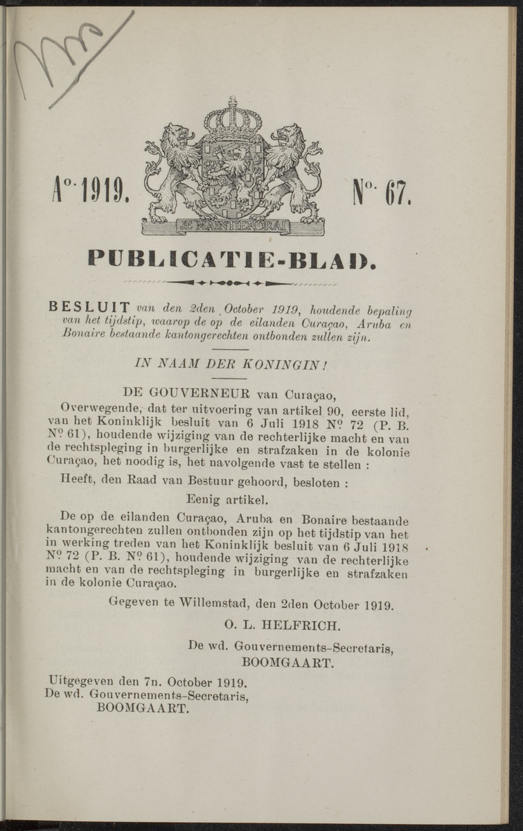 Publicatieblad van Curaçao en onderhoorigheden, behelzende de publicatien, notificatien, reglementen ... voor die bezittingen uitgevaardigd in de jaren .. - 