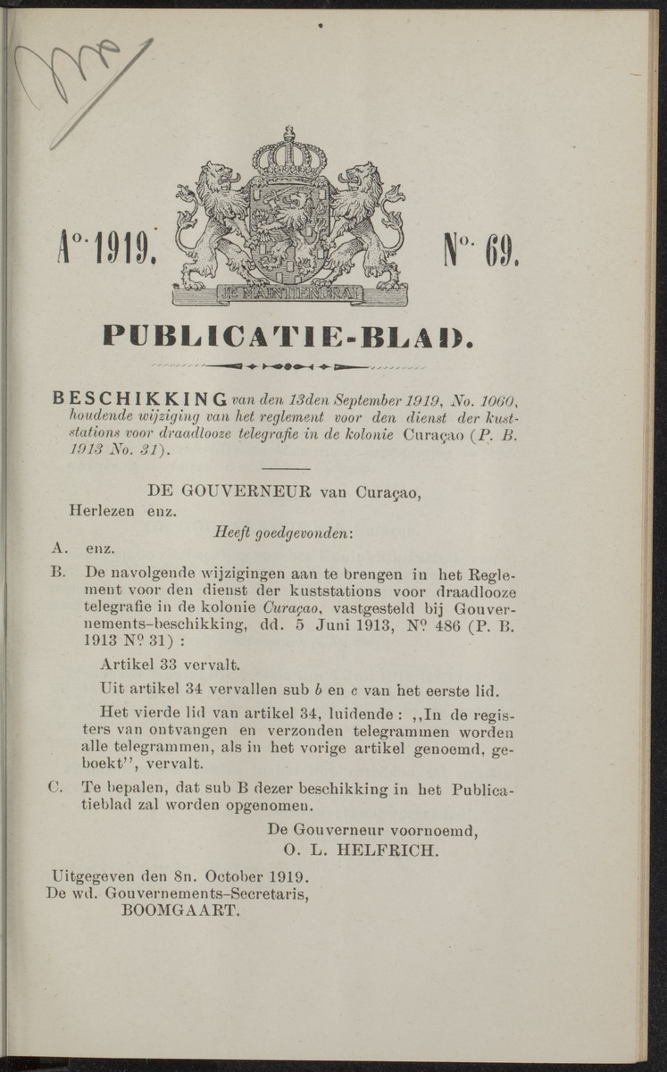 Publicatieblad van Curaçao en onderhoorigheden, behelzende de publicatien, notificatien, reglementen ... voor die bezittingen uitgevaardigd in de jaren .. - 