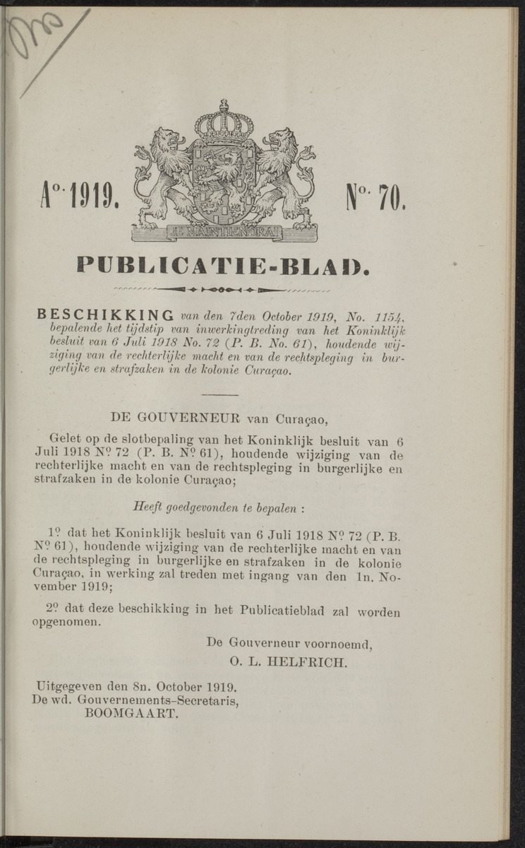 Publicatieblad van Curaçao en onderhoorigheden, behelzende de publicatien, notificatien, reglementen ... voor die bezittingen uitgevaardigd in de jaren .. - 