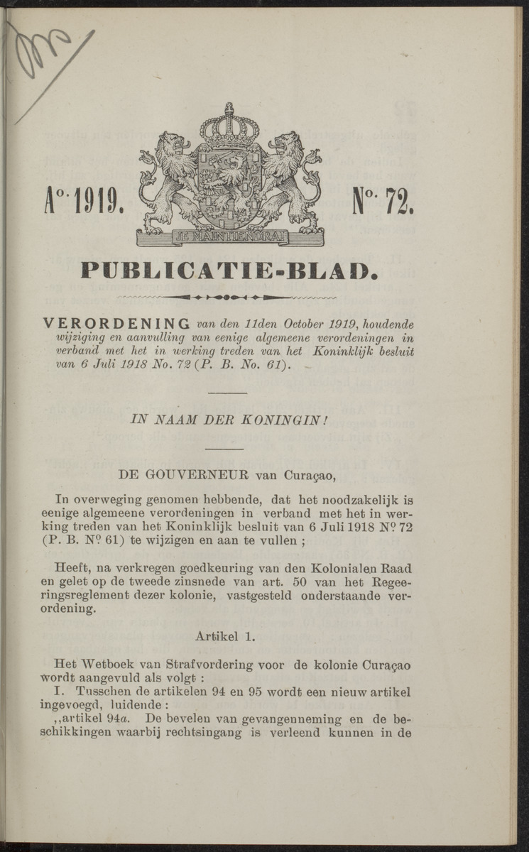 Publicatieblad van Curaçao en onderhoorigheden, behelzende de publicatien, notificatien, reglementen ... voor die bezittingen uitgevaardigd in de jaren .. - 