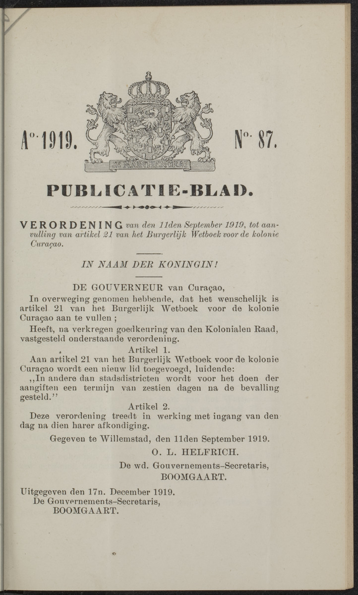 Publicatieblad van Curaçao en onderhoorigheden, behelzende de publicatien, notificatien, reglementen ... voor die bezittingen uitgevaardigd in de jaren .. - 