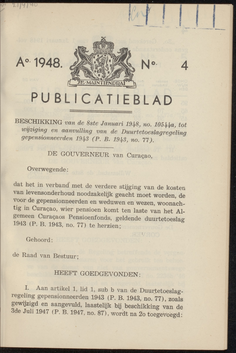 Publicatieblad van Curaçao en onderhoorigheden, behelzende de publicatien, notificatien, reglementen ... voor die bezittingen uitgevaardigd in de jaren .. - 