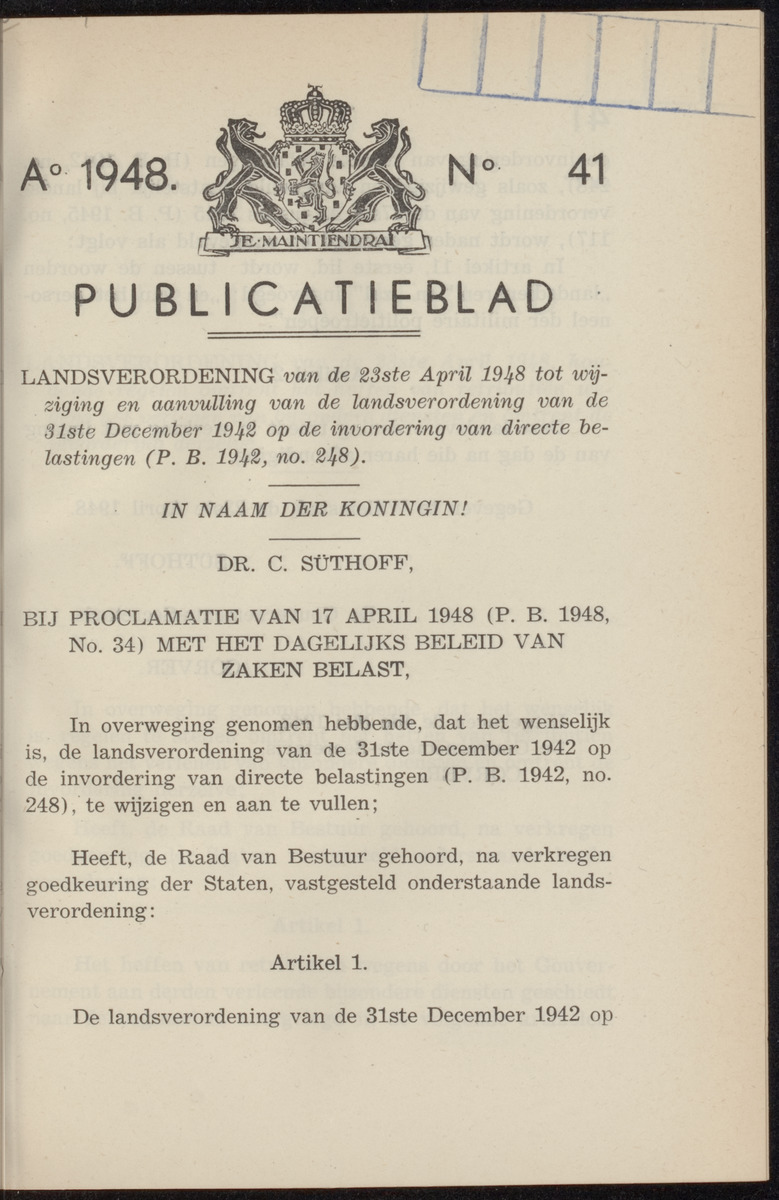 Publicatieblad van Curaçao en onderhoorigheden, behelzende de publicatien, notificatien, reglementen ... voor die bezittingen uitgevaardigd in de jaren .. - 