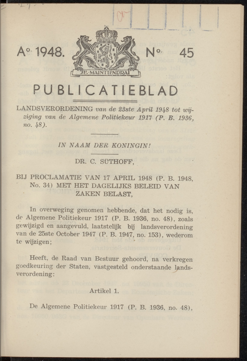 Publicatieblad van Curaçao en onderhoorigheden, behelzende de publicatien, notificatien, reglementen ... voor die bezittingen uitgevaardigd in de jaren .. - 