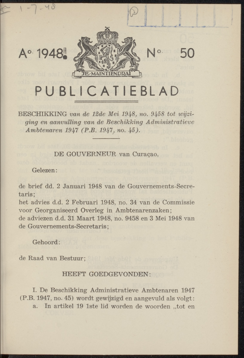 Publicatieblad van Curaçao en onderhoorigheden, behelzende de publicatien, notificatien, reglementen ... voor die bezittingen uitgevaardigd in de jaren .. - 