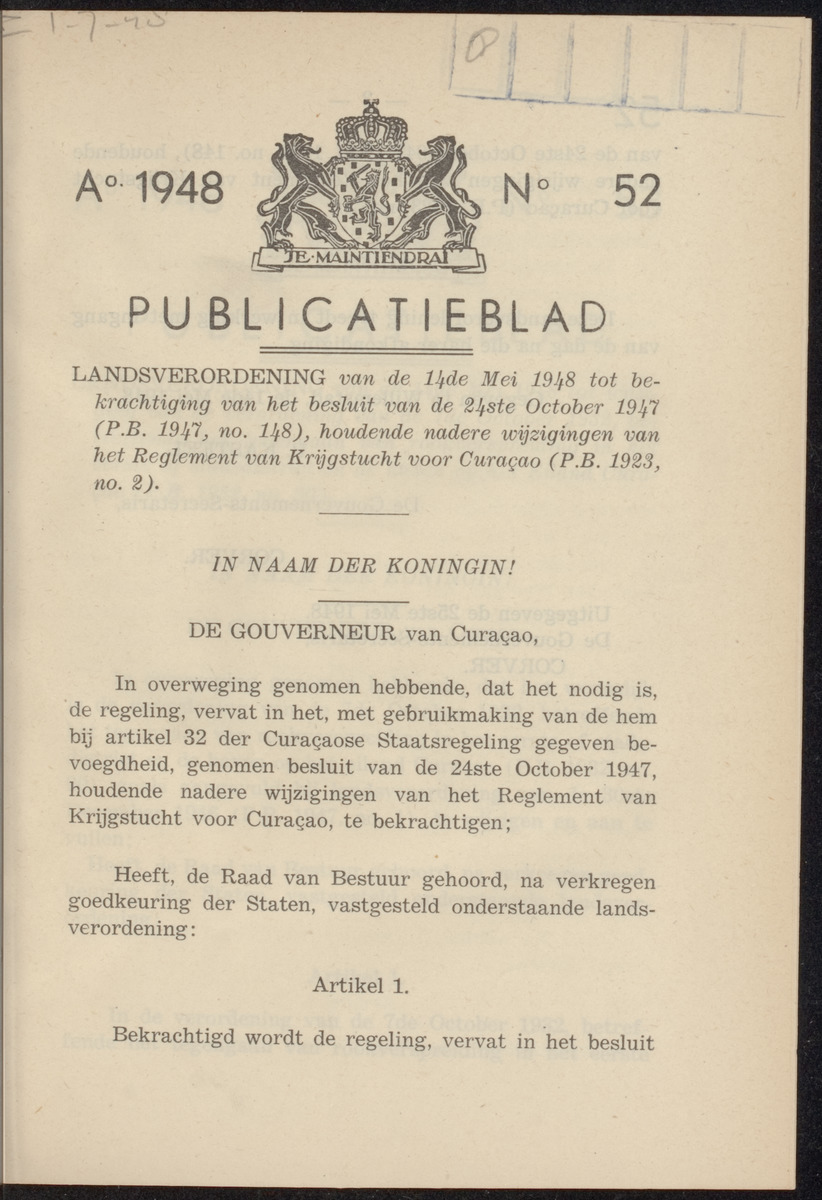 Publicatieblad van Curaçao en onderhoorigheden, behelzende de publicatien, notificatien, reglementen ... voor die bezittingen uitgevaardigd in de jaren .. - 