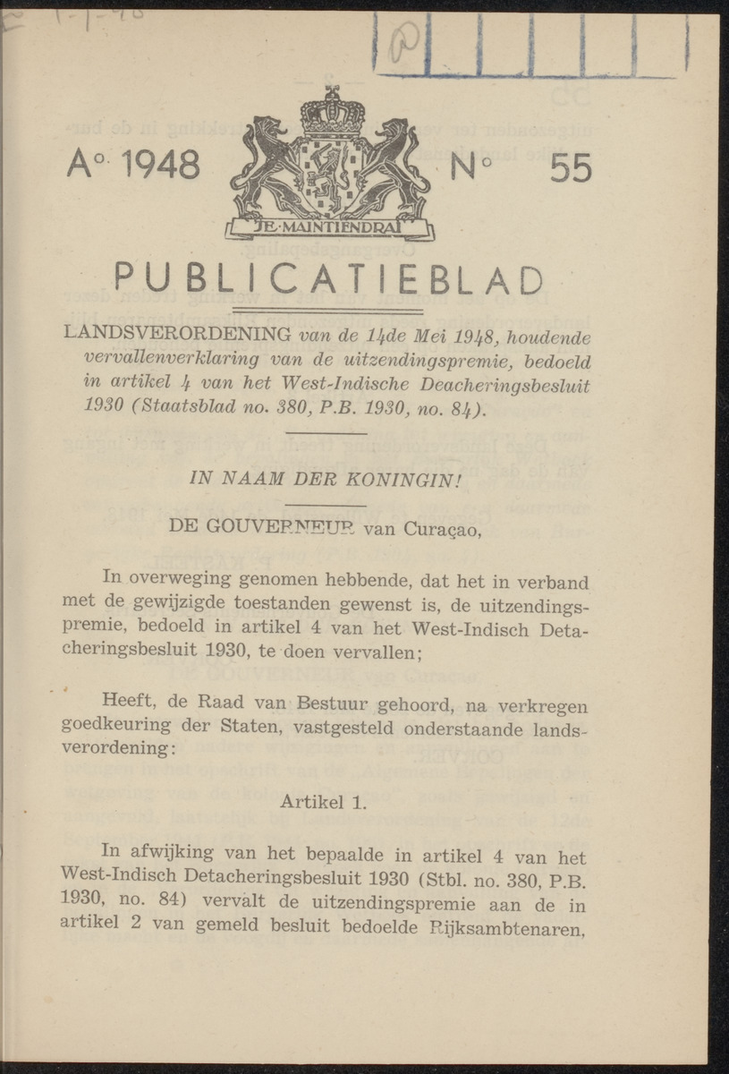 Publicatieblad van Curaçao en onderhoorigheden, behelzende de publicatien, notificatien, reglementen ... voor die bezittingen uitgevaardigd in de jaren .. - 