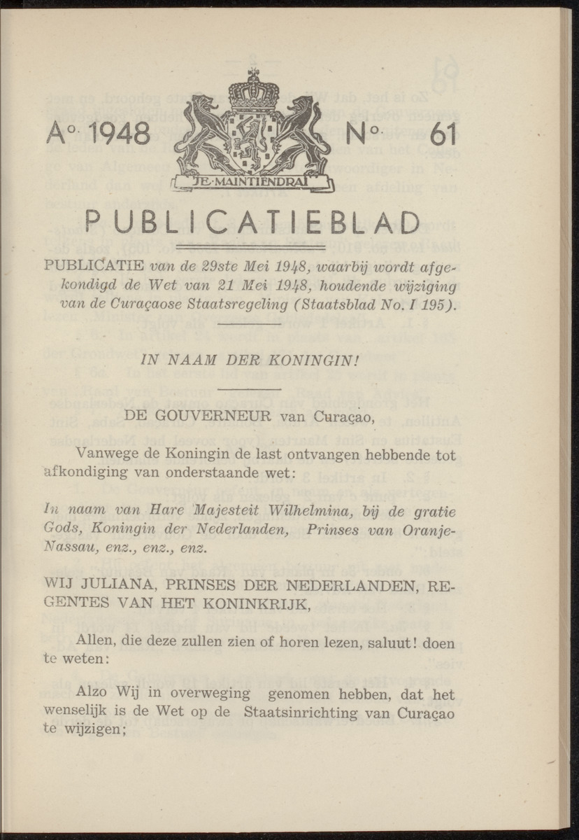 Publicatieblad van Curaçao en onderhoorigheden, behelzende de publicatien, notificatien, reglementen ... voor die bezittingen uitgevaardigd in de jaren .. - 