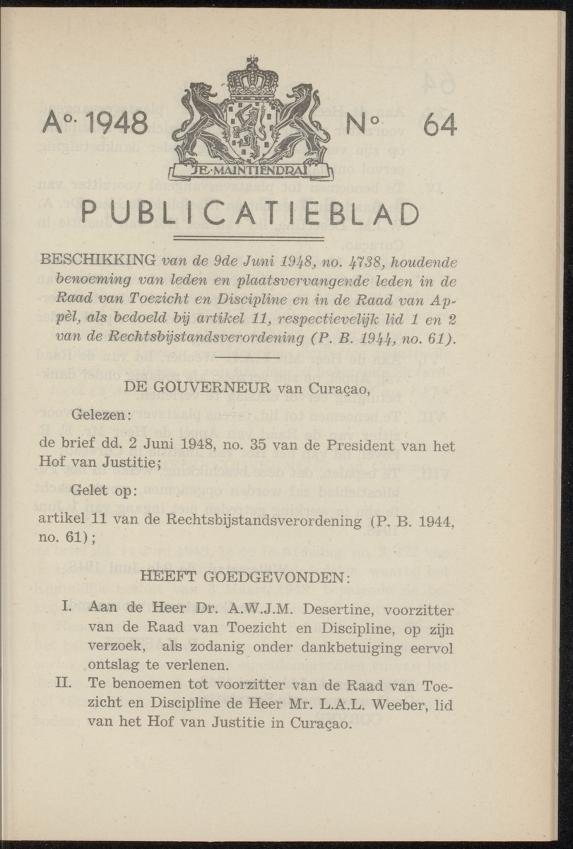 Publicatieblad van Curaçao en onderhoorigheden, behelzende de publicatien, notificatien, reglementen ... voor die bezittingen uitgevaardigd in de jaren .. - 