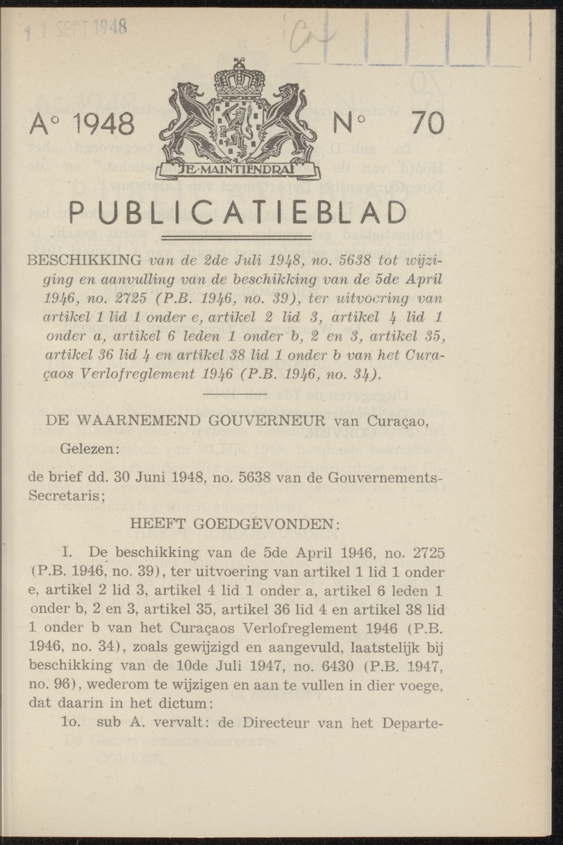 Publicatieblad van Curaçao en onderhoorigheden, behelzende de publicatien, notificatien, reglementen ... voor die bezittingen uitgevaardigd in de jaren .. - 