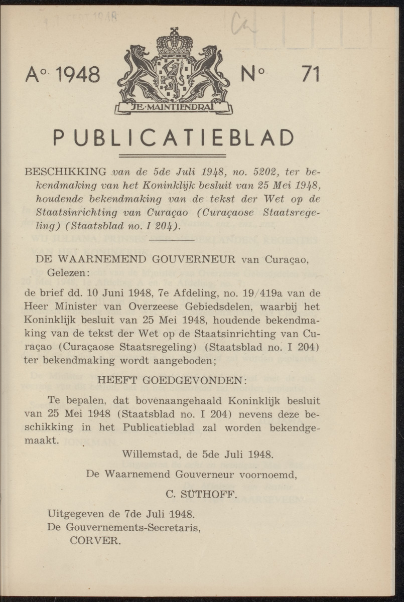 Publicatieblad van Curaçao en onderhoorigheden, behelzende de publicatien, notificatien, reglementen ... voor die bezittingen uitgevaardigd in de jaren .. - 