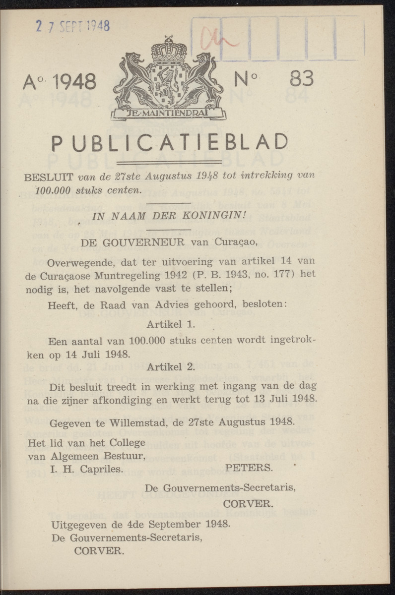 Publicatieblad van Curaçao en onderhoorigheden, behelzende de publicatien, notificatien, reglementen ... voor die bezittingen uitgevaardigd in de jaren .. - 
