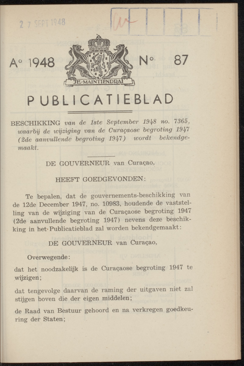 Publicatieblad van Curaçao en onderhoorigheden, behelzende de publicatien, notificatien, reglementen ... voor die bezittingen uitgevaardigd in de jaren .. - 
