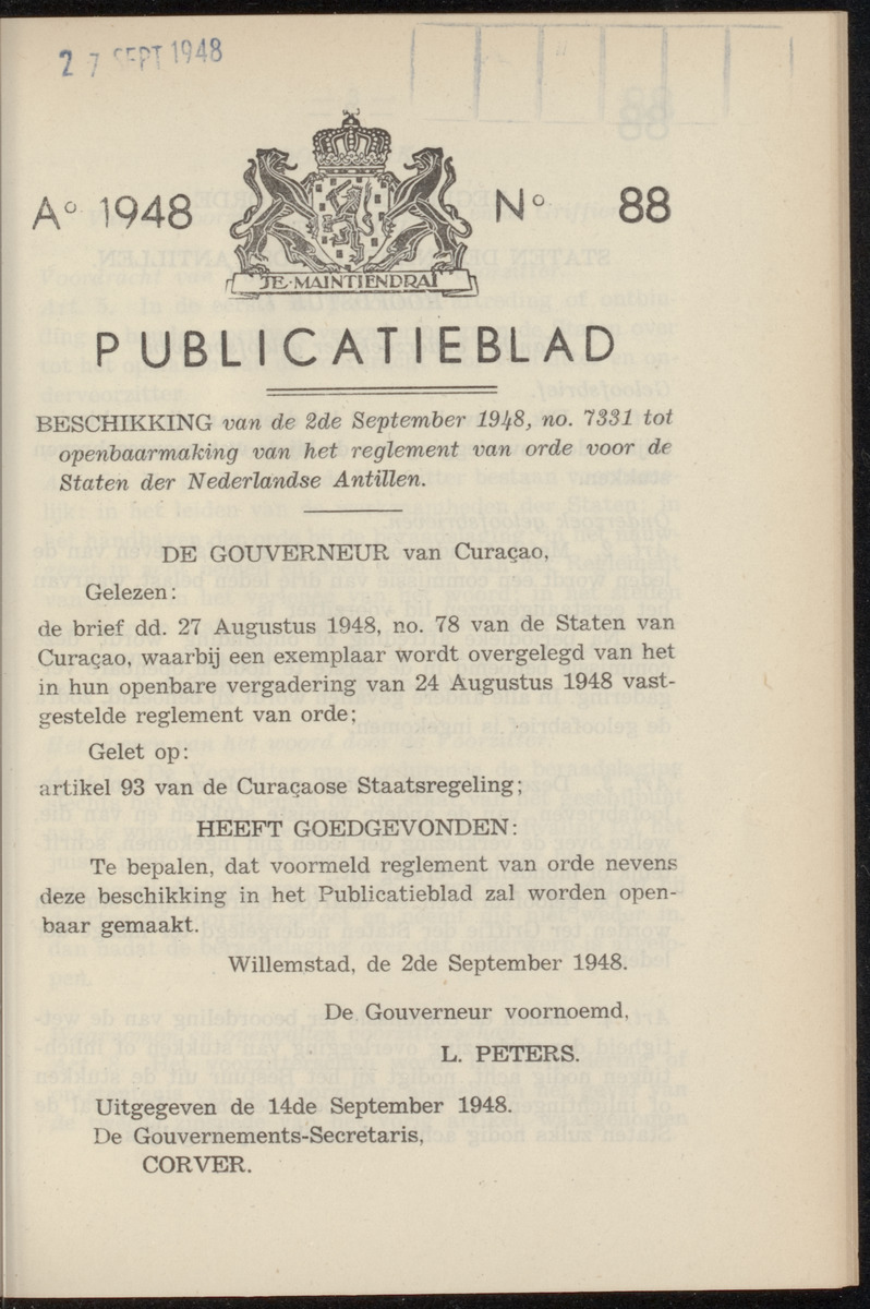 Publicatieblad van Curaçao en onderhoorigheden, behelzende de publicatien, notificatien, reglementen ... voor die bezittingen uitgevaardigd in de jaren .. - 