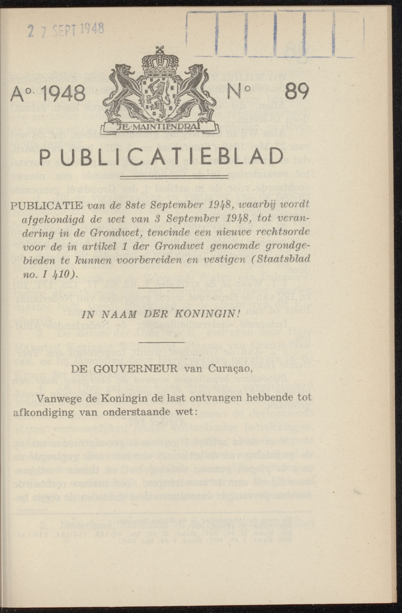 Publicatieblad van Curaçao en onderhoorigheden, behelzende de publicatien, notificatien, reglementen ... voor die bezittingen uitgevaardigd in de jaren .. - 
