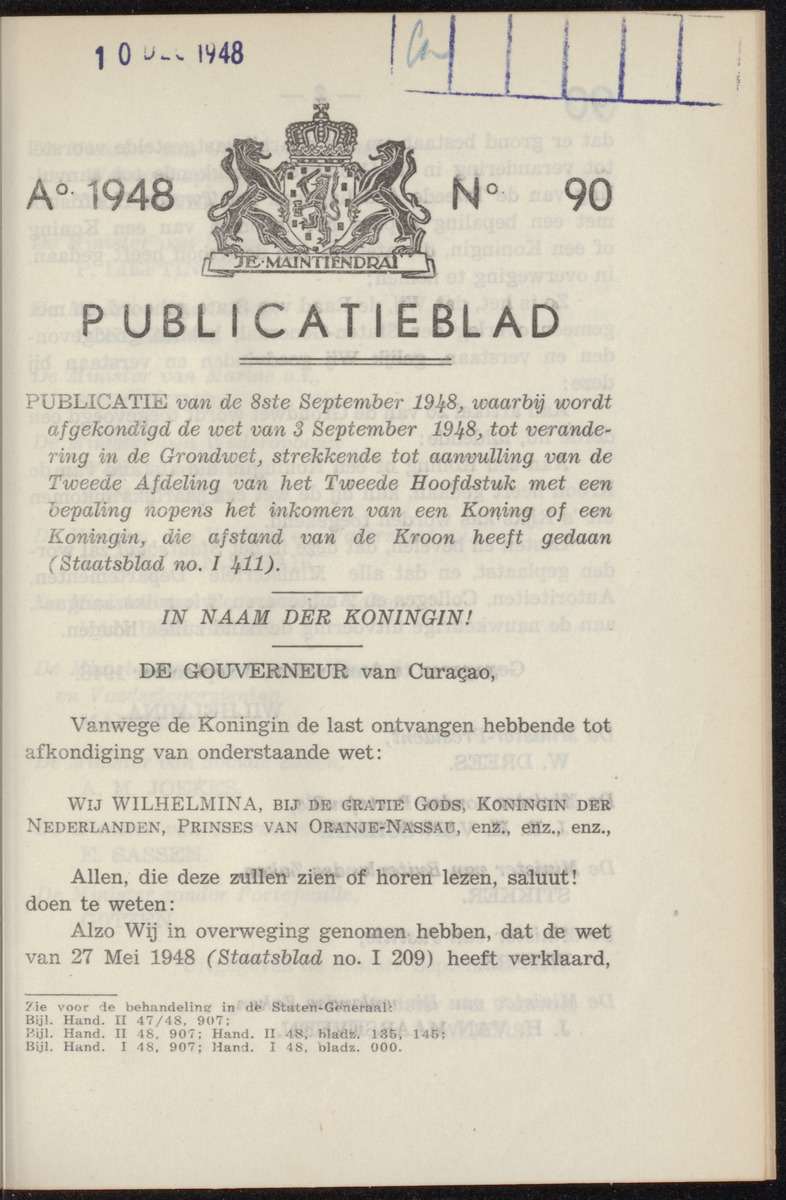 Publicatieblad van Curaçao en onderhoorigheden, behelzende de publicatien, notificatien, reglementen ... voor die bezittingen uitgevaardigd in de jaren .. - 