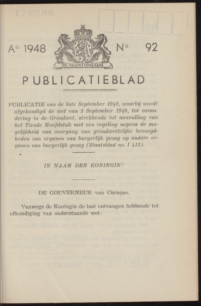 Publicatieblad van Curaçao en onderhoorigheden, behelzende de publicatien, notificatien, reglementen ... voor die bezittingen uitgevaardigd in de jaren .. - 