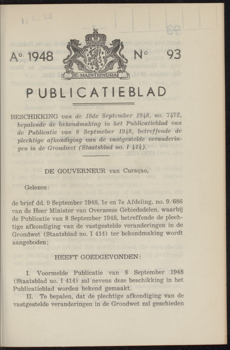 Publicatieblad van Curaçao en onderhoorigheden, behelzende de publicatien, notificatien, reglementen ... voor die bezittingen uitgevaardigd in de jaren .. - 